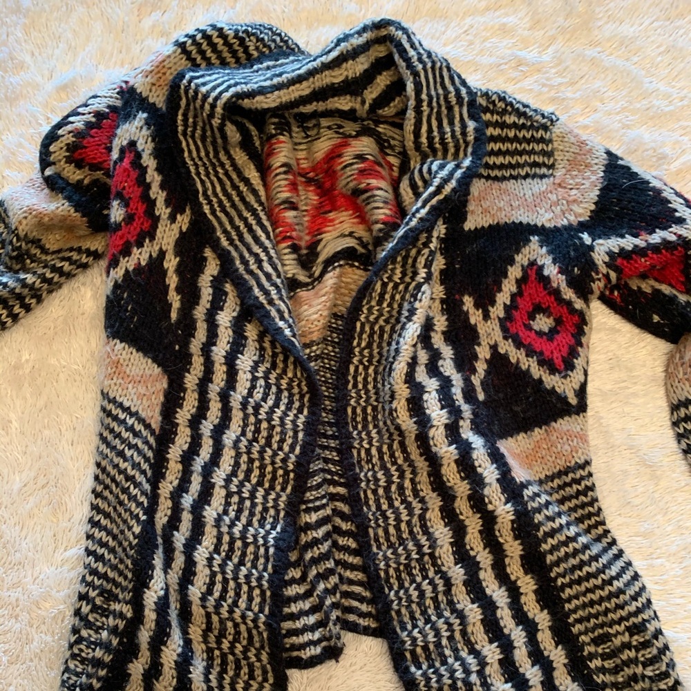 Pink Republic tan, red, and black cardigan sweater